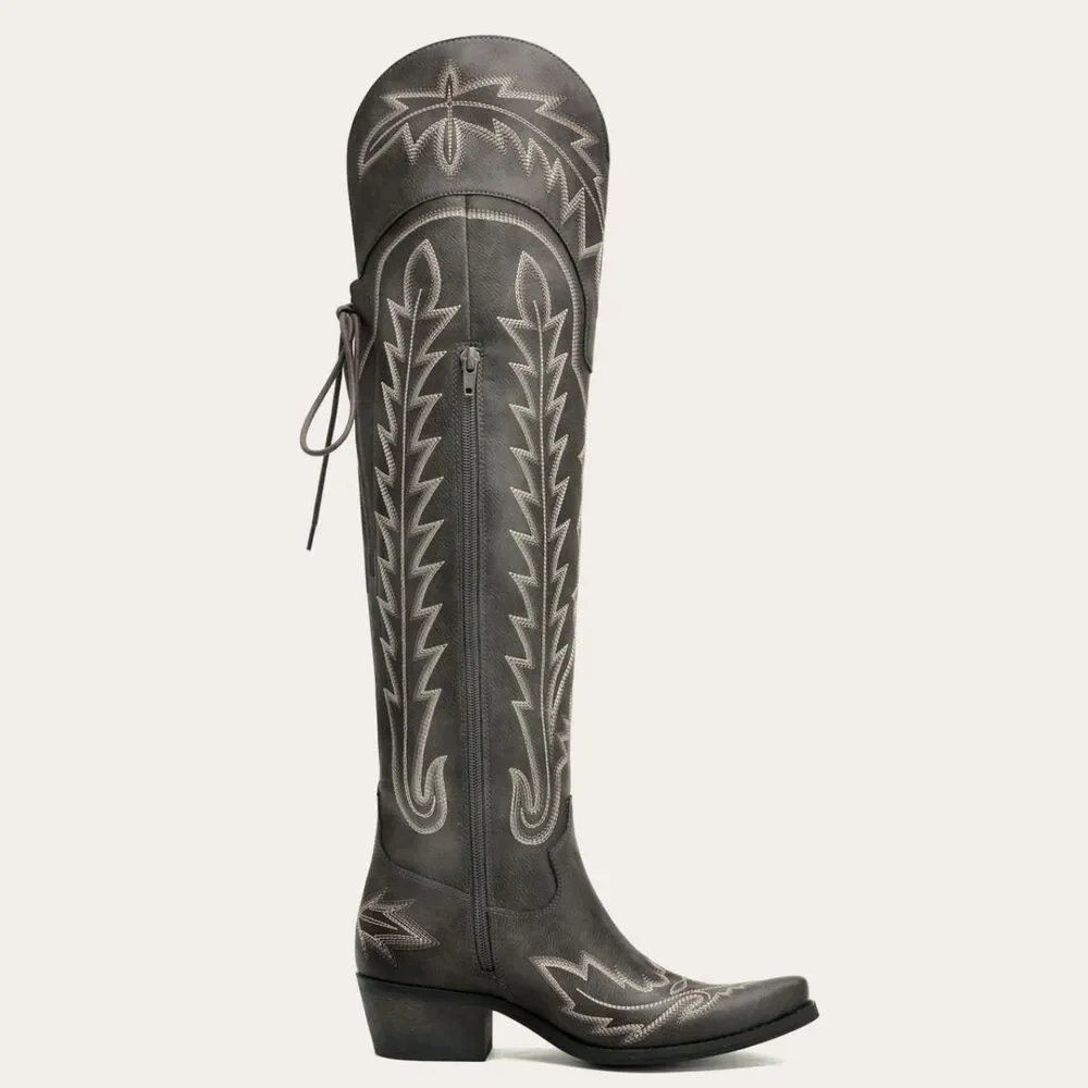 REDTOP The Ross Grey Over-the-Knee Wide Calf Cowgirl Boots Back Tie & Embroidery
